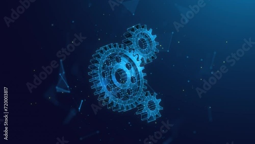 Abstract Animated Low Poly Illustration of Gears Spinning Together. Symbol of Corporate Collaboration, Partnership and Teamwork 4K Looped Motion Graphic on Blue Background. photo