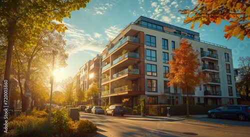 a contemporary apartment building on a street in sunny day