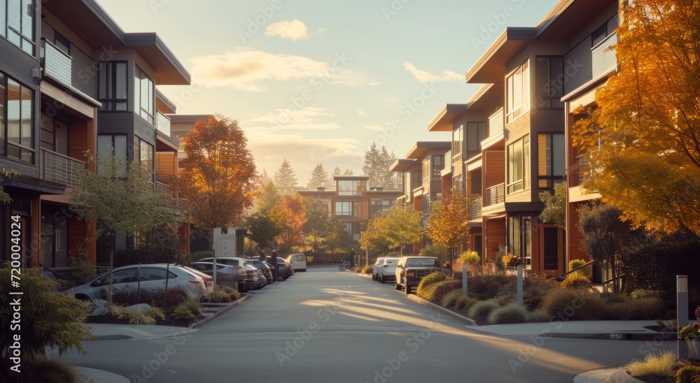 modern apartment complex street scene in the city