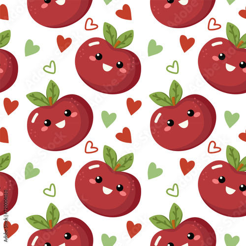 Funny Cute Fruit Character Seamless Pattern Background. Fruit Kawaii Cartoon Character Fabric Textile Swatch Template. Kawaii Funny Cute Seamless Fruit Doodle Symbol Vegetarian Theme Seamless Print.