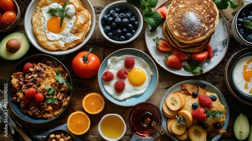 Top view of Breakfast with Pancakes, Eggs, Healthy Smoothies, and Granola
