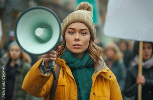 a woman holding a megaphone and protesting street signs,