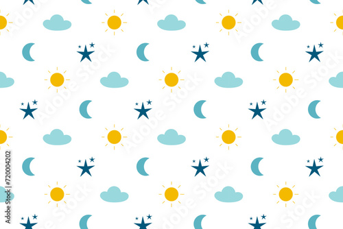 Cute Kids Seamless Pattern with Moon, Sun and Stars. Day and Night Bright Background. Cloudy Sky Backdrop. Childish Lovely Repeating Wallpaper.