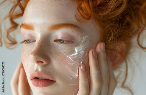 woman on red hair applying cream to face