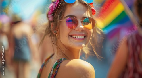 young woman at festival with rainbow flags on her head