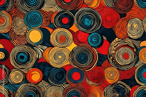 Dynamic and sophisticated, an abstract print comes to life with circles, forming a seamless pattern against a backdrop of vibrant primary colors in retro style.