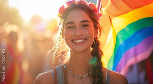 with a rainbow flag as a wind, young woman smiling near the crowd