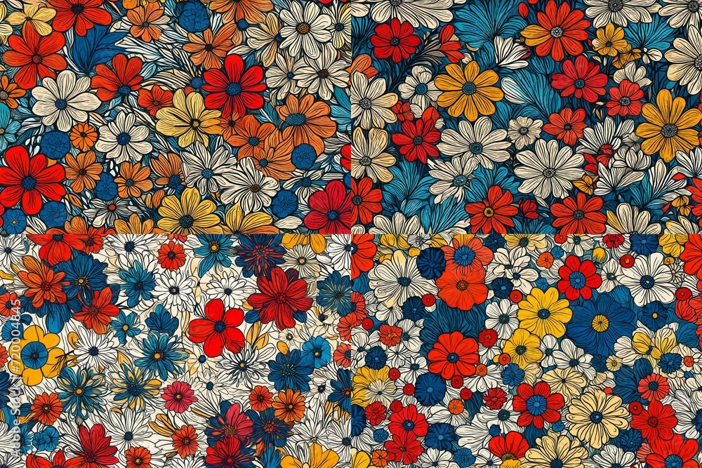 Blooms of retro elegance converge in an abstract illustration, crafting a seamless pattern with vibrant primary colors in a captivating dance. Blooms of retro elegance converge in an abstract illustration, crafting a seamless pattern with vibrant primary colors in a captivating dance.