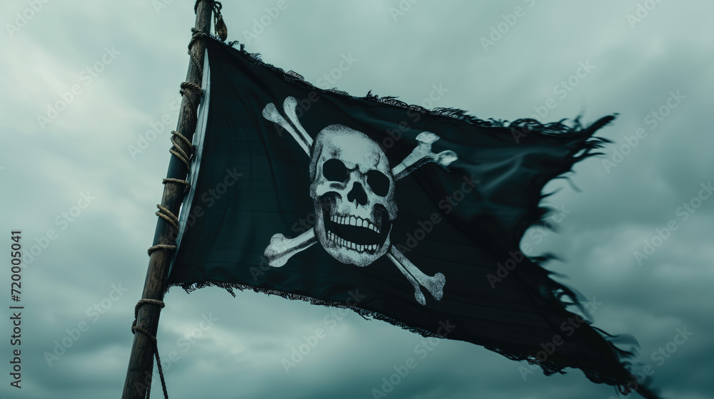 Pirate flag with skull and bones on cloudy sky background - obrazy, fototapety, plakaty 