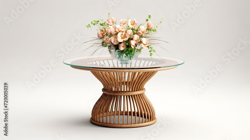 3d render wicker wooden table with glass surface