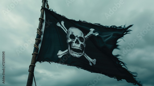 Pirate flag with skull and bones on cloudy sky background photo