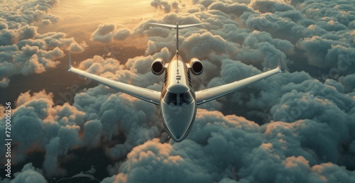 a jet travels through the clouds and sky