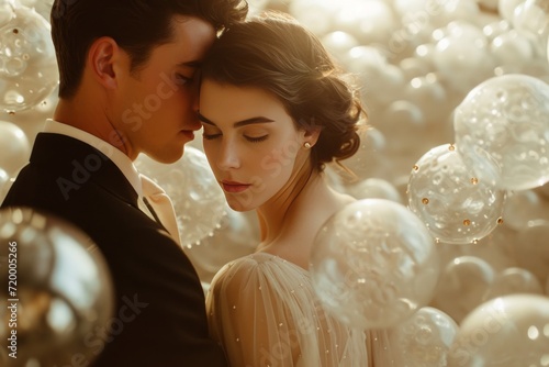 a couple poses in front of some glass balls