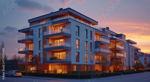 modern apartment building near the street at sunset