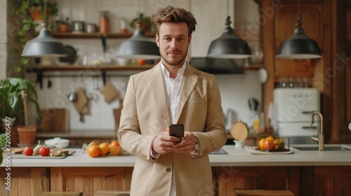 professional young businessman standing at kitchen table with smartphone, sty...