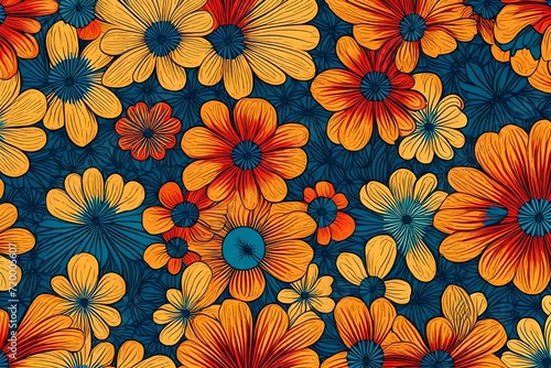 Dynamic and captivating  an illustration showcases interlocking flowers in a seamless pattern  radiating retro charm against a backdrop of primary colors.