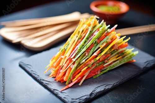 rainbow carrot sticks bundled on a slate