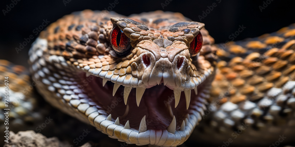 Fototapeta premium Close-up of a Menacing Rattlesnake Displaying Fangs with Venom Dripping, Symbolizing Danger and Wild Nature