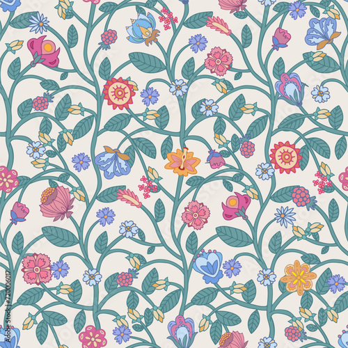 Trailing floral seamless pattern on beige background. Indian floral style pattern
