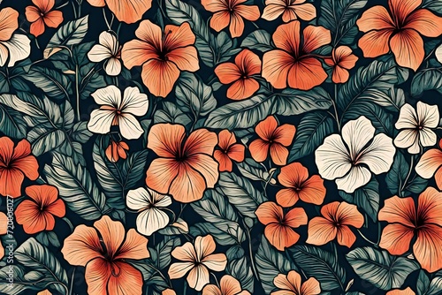 Nature s elegance unfolds in a hand-drawn illustration  portraying a seamless pattern of tropical hibiscus flowers in vintage art style.