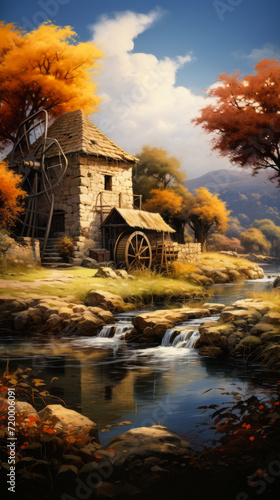 Idyllic Old Watermill by the River Surrounded by Autumn Foliage in a Serene Landscape