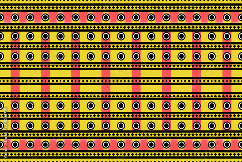 Colorful ethnic geometric pattern background featuring repeating circular and linear motifs in vibrant yellow, red, and black tones. Inspired by traditional tribal and folk art.