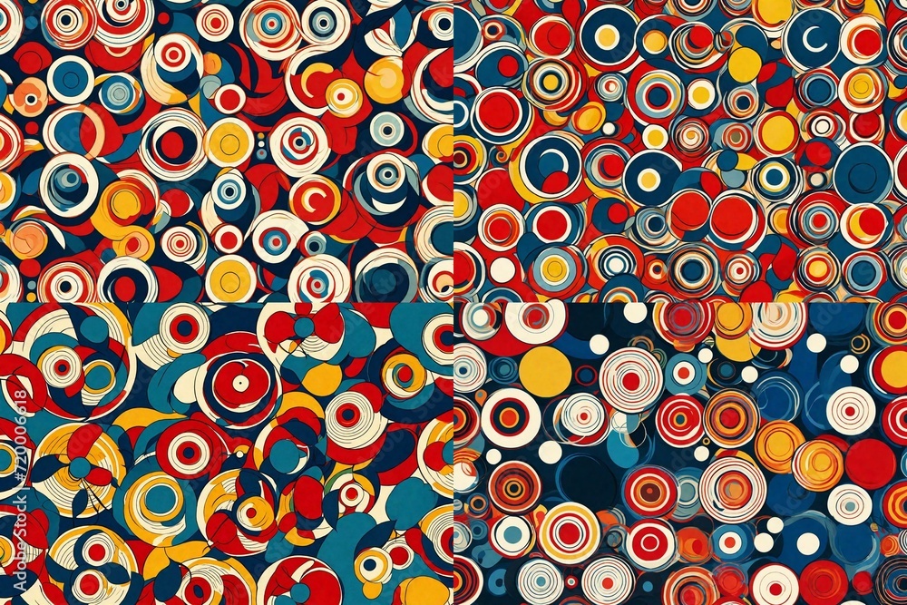Whirling circles come alive in a retro-style print, forming a seamless pattern that exudes creativity against a backdrop of trendy primary colors. Whirling circles come alive in a retro-style print, forming a seamless pattern that exudes creativity against a backdrop of trendy primary colors.