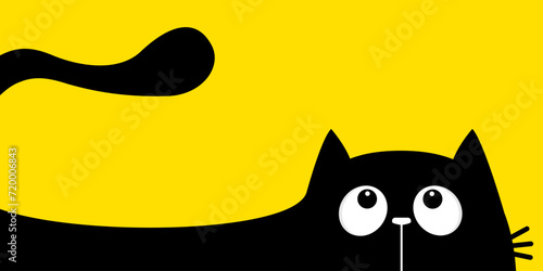 Cat head face silhouette, tail. Black peeking kitten face head looks up. Big eyes. Cute cartoon kawaii character. Funny pet animal. Greeting card. Sticker print. Flat design. Yellow background.