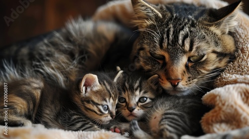 Mother Cat take care Kittens, pet cat family © thesweetsheep