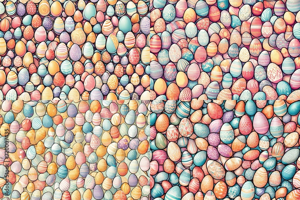 A symphony of interlocking Easter eggs unfolds in a retro-style illustration, creating a seamless pattern that radiates with creative energy in pastel colors. A symphony of interlocking Easter eggs unfolds in a retro-style illustration, creating a seamless pattern that radiates with creative energy in pastel colors.
