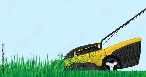 Lawn mower cutting grass electric work tool for trimming pruning realistic vector illustration