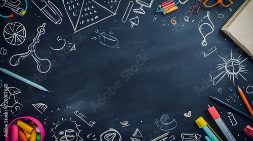 Abstract blackboard. Sketchy background with hand drawn school supplies. Education concept