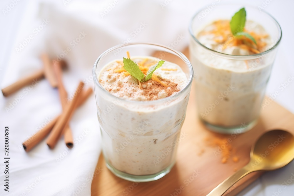 closeup of rice pudding drink with a sprinkle of nutmeg on top closeup of rice pudding drink with a sprinkle of nutmeg on top