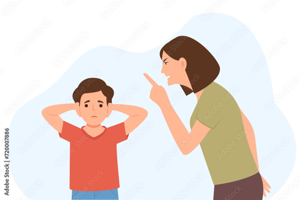 Angry Mother Shouting at his son. Woman punishing sad kid for breaking rules or bad behavior.Kid covering ears from aggression. Family Problem And Bad Relationship.Vector illustration Angry Mother Shouting at his son. Woman punishing sad kid for breaking rules or bad behavior.Kid covering ears from aggression. Family Problem And Bad Relationship.Vector illustration
