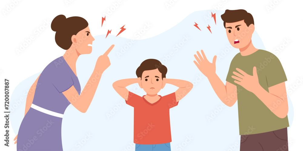 Family conflict concept. Unhappy boy covering ears with hands.Teen depression, anxiety, stress.Domestic Violence And Unhappy Childhood, Family Problem And Bad Relationship Vector Illustration ration Family conflict concept. Unhappy boy covering ears with hands.Teen depression, anxiety, stress.Domestic Violence And Unhappy Childhood, Family Problem And Bad Relationship Vector Illustration ration