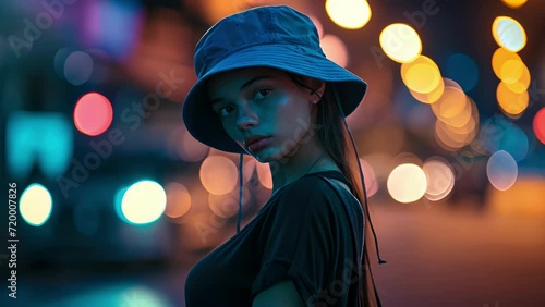 Edgy and streetsavvy Channel your inner fashion rebel with this electric blue bucket hat, oversized black tshirt, and blue shorts ensemble that oozes edgy street style. photo