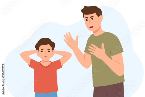 Angry Father Shouting at his son. Kid covering ears from aggression. Domestic Violence And Unhappy Childhood, Family Problem And Bad Relationship.Vector illustration