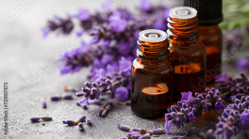 Essential Aromatic oil and lavender flowers  natural remedies  aromatherapy