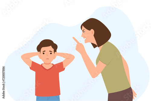 Angry Mother Shouting at his son. Woman punishing sad kid for breaking rules or bad behavior.Kid covering ears from aggression. Family Problem And Bad Relationship.Vector illustration