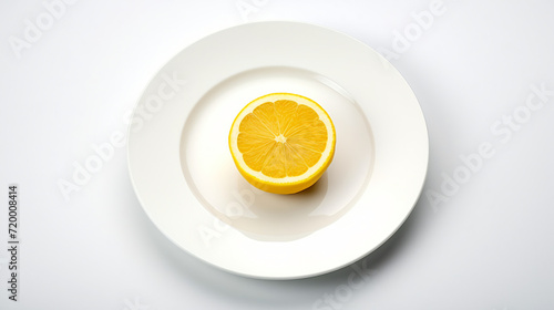 A fresh cut lemon lies on a white plate on a white background
