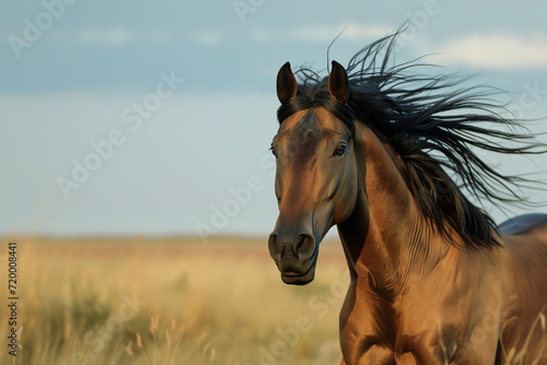 Shot of wild horse galloping  mane flying close to lens