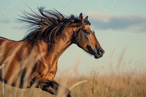 Shot of wild horse galloping, mane flying close to lens