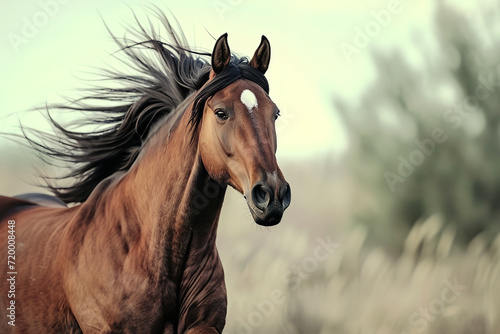 Shot of wild horse galloping  mane flying close to lens