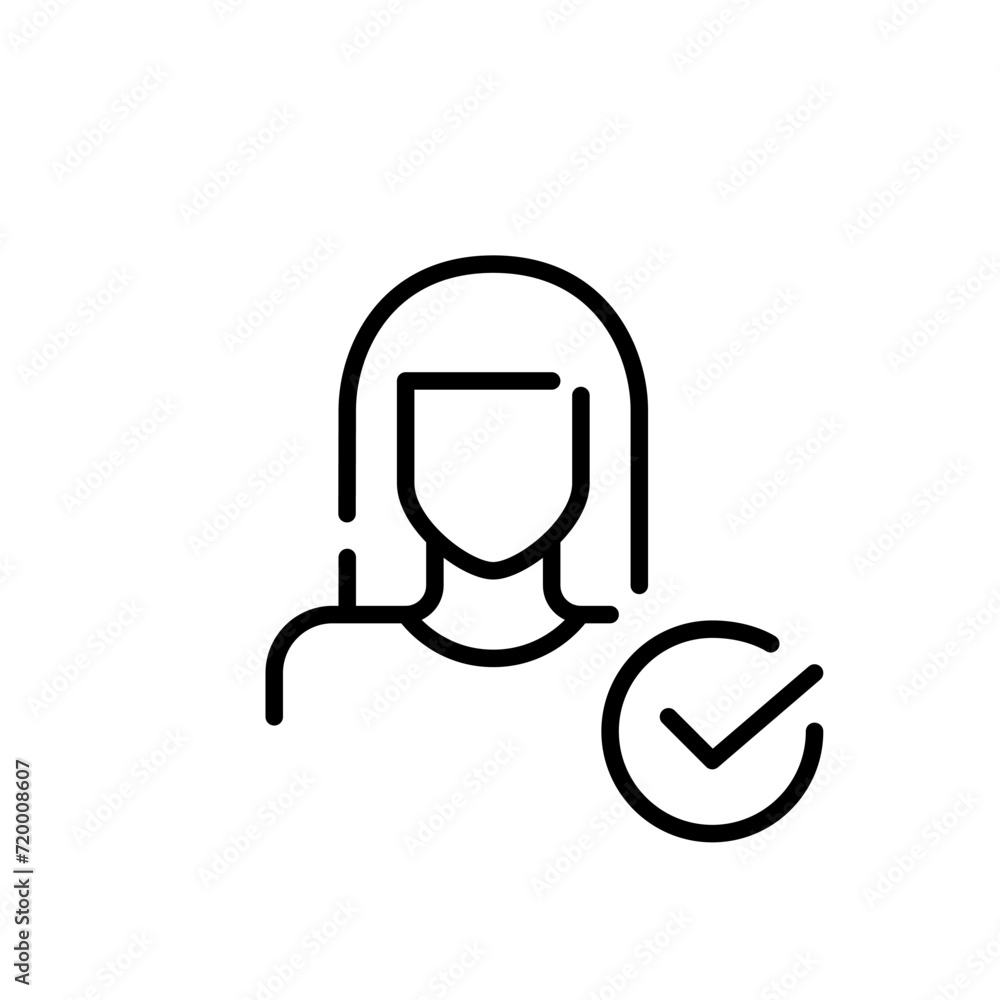 Approved user. Secure profile. Woman with long hair. Pixel perfect, editable stroke icon Approved user. Secure profile. Woman with long hair. Pixel perfect, editable stroke icon