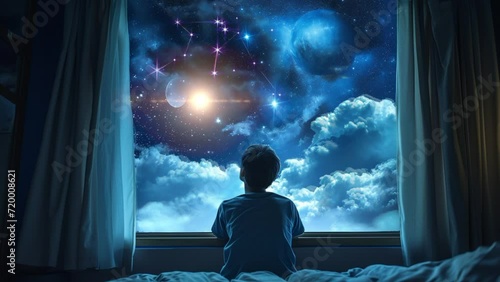 a man sits and looks out the night window, outside the window there are stars and the moon, seamless looping 4k time laps animation video background photo