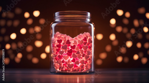 Red pink glowing neon heart in a glass jar