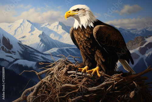 A proud eagle sits in its nest and hatches the eggs of its offspring against the backdrop of the mountains. photo