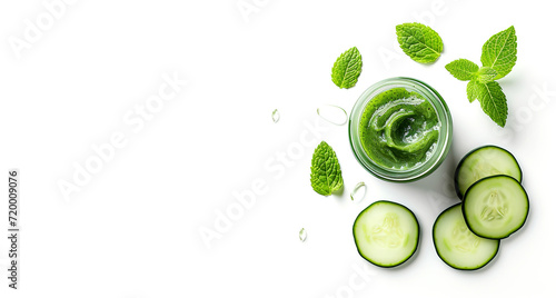 High-quality digital illustration of a cucumber scrub jar, showcasing crisp cucumber slices and mint leaves on a clean white background