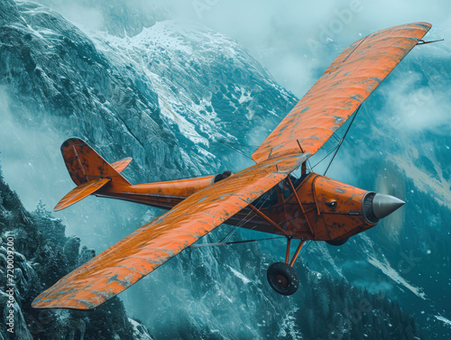 The Age of Flight: An antique airplane soars into the skies above the Mountain Peaks. 