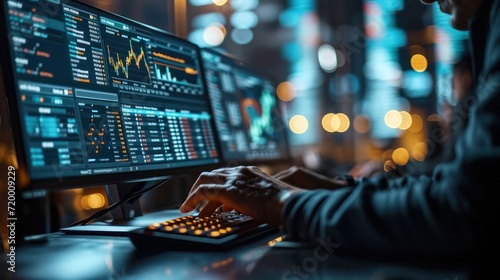 analyst uses computer and dashboard for data business analysis and Data Management System with KPI and metrics connected to the database for technology finance, operations, sales, marketing